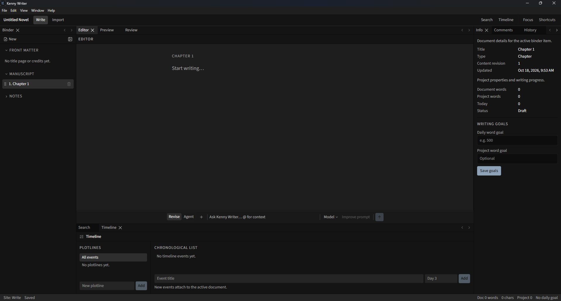 Kenny Writer workspace showing binder, manuscript editor, info panel, timeline dock, and AI prompt bar
